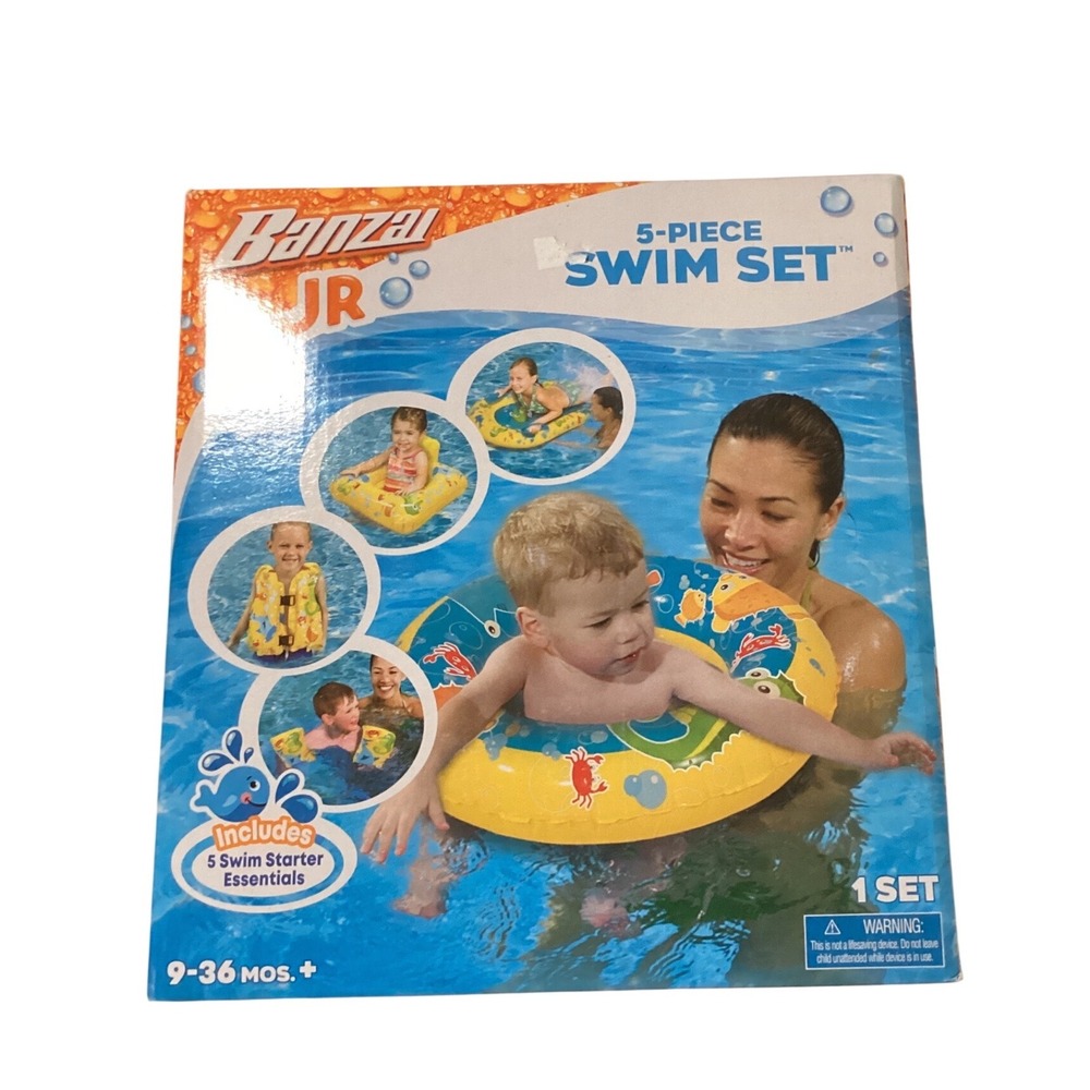 Banzai Jr 5-Piece Swim Set Toddler Inflatable Pool Floats Vest Arm Bands 9-36 Mo